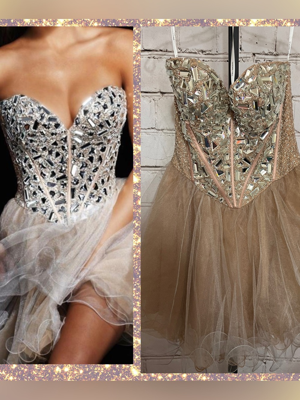 Sherri Hill Strapless Champagne Sequin Tulle Dress